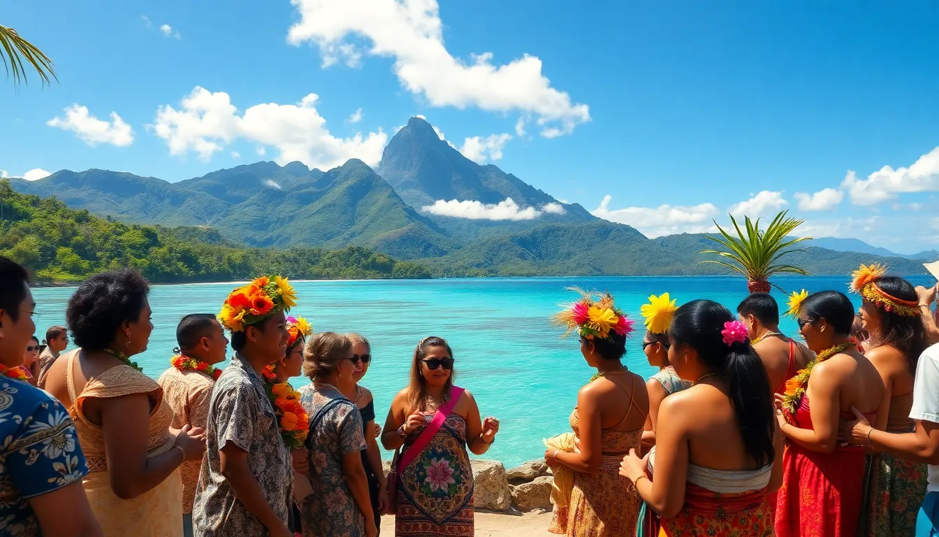 diverse locals celebrating at a festival in a tropical setting.
