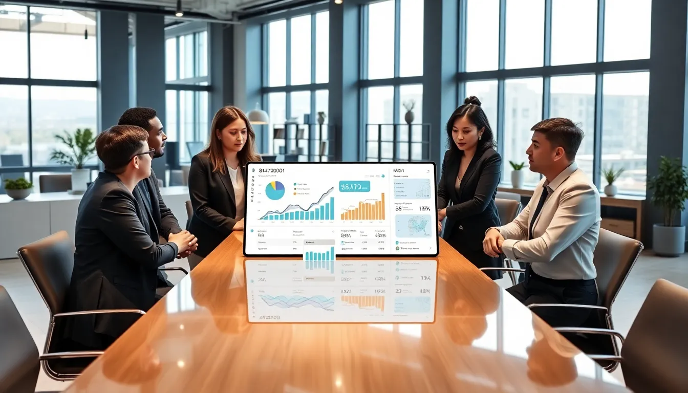 diverse team discussing data analytics in a modern office.